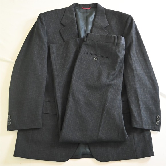 Vtg Jos A Bank USA Made 42R 34x30 Blue Gray Check 100% Wool‎ Mens Suit